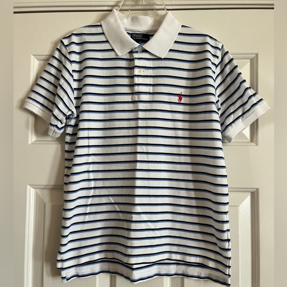 RALPH LAUREN navy blue white stripe Polo shirt M 12 14